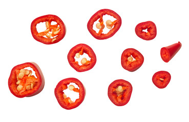 Sliced ​​hot red pepper isolated on transparent background, top view.
