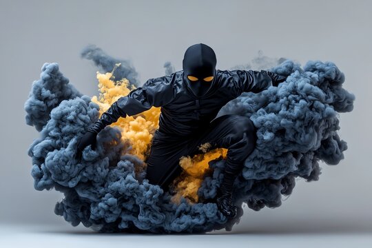 A mysterious ninja vanishing into a cloud of smoke, leaving only a shadowy outline behind as they disappear from sight