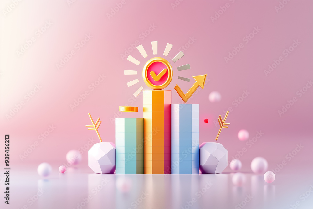 Poster the visual features a modern 3d bar graph with rising bars, a check mark, and geometric shapes on a 