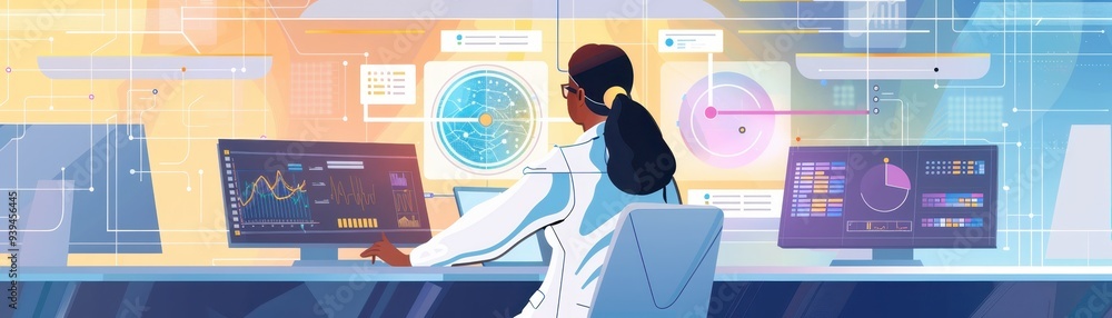 Poster scientist analyzes data on computer screens in a futuristic laboratory. technology and innovation dr
