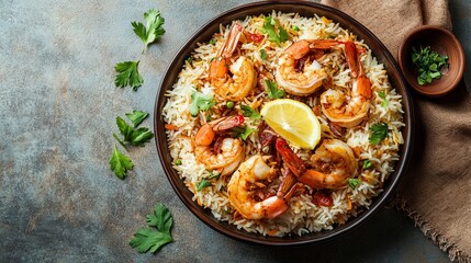 Machboos Prawns biryani rice with lemon slice served in dish isolated on table top view of arabic breakfast