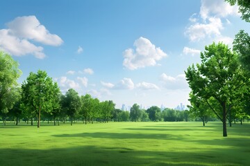 Fototapeta premium Lush green park with vibrant trees and a clear blue sky in the distance.