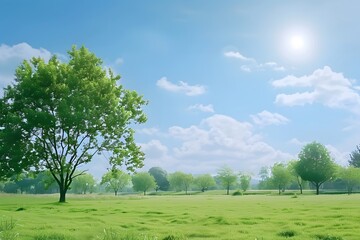 Fototapeta premium Lush green landscape under a bright blue sky with fluffy clouds.