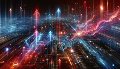 futuristic technology data visualization, glowing neon arrows and grids, abstract cyber circuit board, big data analytics concept, digital energy impulses, fiery red and blue tones, particle flow moti