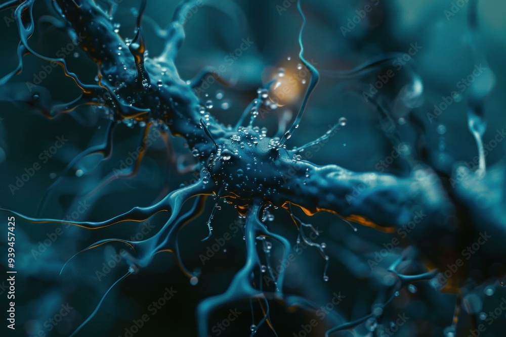 Poster 3d rendering of a neuron connecting with electrical impulses