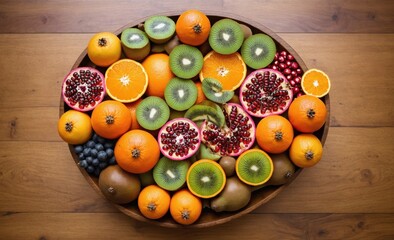 Vibrant Fruit Bowl with Oranges, Kiwis, Pomegranates, and Cranberries