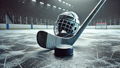 Hockey Stick, Puck, and Helmet on Ice Rink During Match