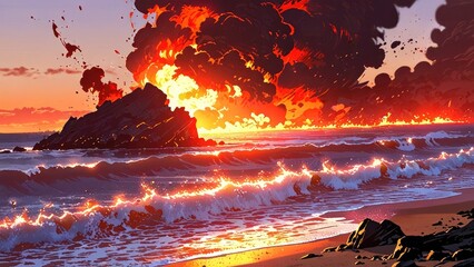 Epic Volcanic Eruption against Coastal Horizon