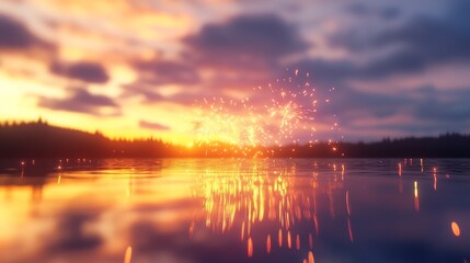 Fireworks reflecting on a lake, serene and vibrant, 3D illustration