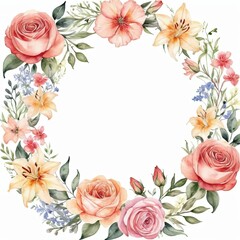 Watercolor floral wreath with roses, lilies, and greenery, perfect for wedding invitations, cards, and more.