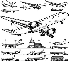 Departing Airplane drawing aircraft plane collection line art vector illustrations on white background generated Ai