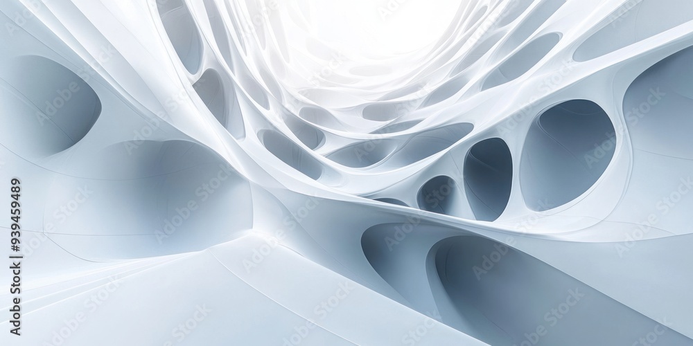 Poster abstract white architectural structure with curved lines and circular openings
