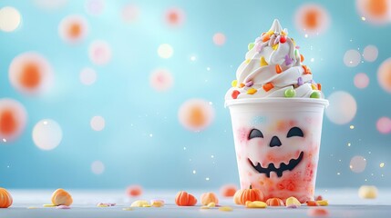 Spooky ice cream sundae, haunted house theme, Halloween party table, 3D illustration