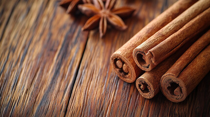 Pile of cinnamon sticks on a wooden table with anise flowers