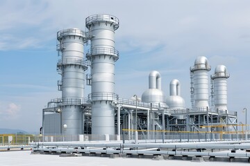 Obraz premium Industrial gas processing facility with metallic structures under a clear sky.
