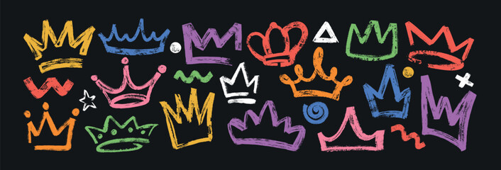 Vector grunge bold crown set on black background. Color king or prince diadems. Hand drawn brush stroke princess tiara, royal queen head accessories, curved lines, spiral and dots in graffiti style.