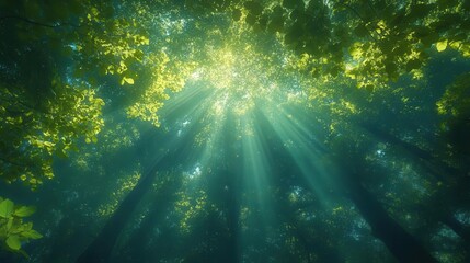 Obraz premium towering ancient forest canopy viewed from below sunlight filtering through lush green leaves creating a dappled effect misty atmosphere with rays of light