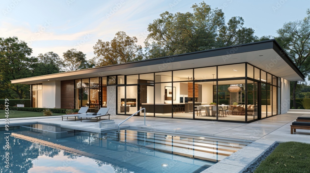 Wall mural A modern glass house with an open living space, featuring a pool and surrounded by trees, offering a peaceful and serene setting.