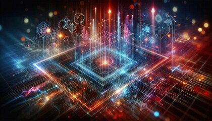Fototapeta premium futuristic technology data visualization, glowing neon arrows and grids, abstract cyber circuit board, big data analytics concept, digital energy impulses, fiery red and blue tones, particle flow moti