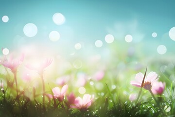 Soft pastel flowers on a sunlit meadow with dreamy bokeh effect.