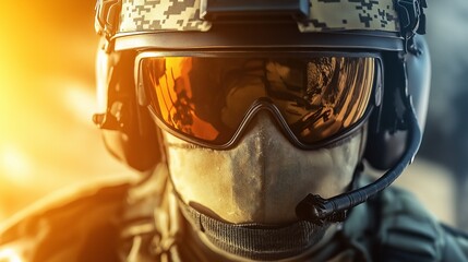 Close-up of military pilot with tactical helmet and visor. Combat aviation, military operations, tactical gear, soldier, modern warfare, protective equipment concept.