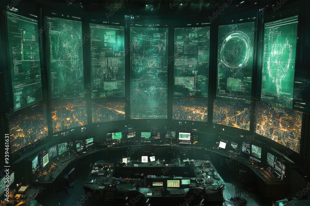 Poster a futuristic control room with multiple screens displaying data and city views