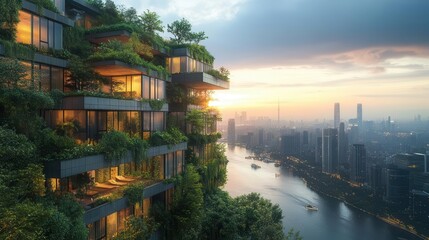 Fototapeta premium urban heat mirage shimmering heatwaves distort a futuristic cityscape solarreflective buildings and verdant vertical gardens combat the intense sun visualizing climate adaptation strategies