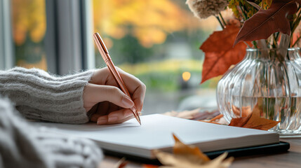 Gratitude journaling in autumn with a silver pen, featuring vibrant fall leaves and flowers. Concept of positivity, mindfulness, and daily happiness.