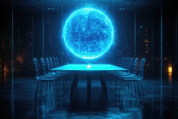 A Glowing Blue Sphere Over A Conference Table In A Modern Office