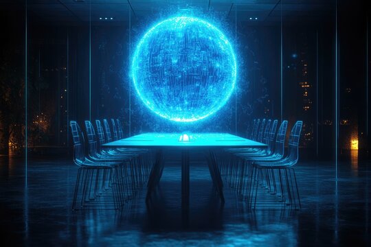 A Glowing Blue Sphere Over A Conference Table In A Modern Office