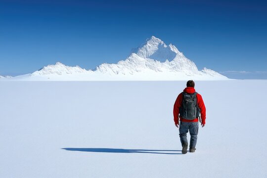 A lone hiker with a red jacket walks on a vast snowy plain towards a majestic snow-capped mountain peak under a clear blue sky.