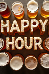 Several glasses of beer surround the phrase "Happy Hour," highlighting a social, celebratory moment centered around drinks and fun