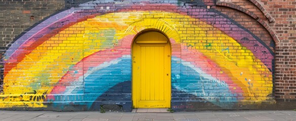 Bright rainbow-painted brick wall with a yellow door, symbolizing urban revitalization, community art, and the transformative power of color