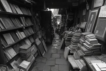 Obraz premium A Narrow Alleyway Filled with Stacks of Old Books and Papers