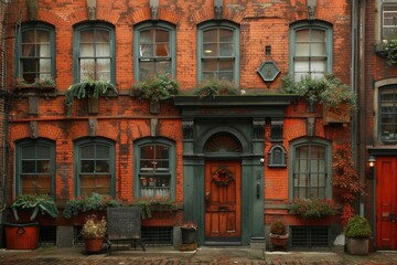 An Old Brick Building with Green Windows and a Wooden Door