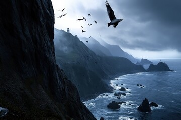 A dramatic coastal scene with rugged cliffs, a lighthouse in the distance, and birds soaring above the ocean waters under a moody, overcast sky.