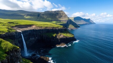 The lush green hills and dramatic cliffs of the Faroe Islands, with a waterfall plunging into the...