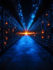 A futuristic data center illuminated by blue and orange lights, showcasing rows of servers in a high-tech environment.