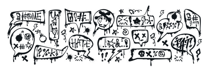 Graffiti spray paint speech bubbles with curses, insults, offensive words, skull, censored. Hand drawn ink talk frames, dialogue box or text balloons with swearwords. Aggressive emotions and profanity