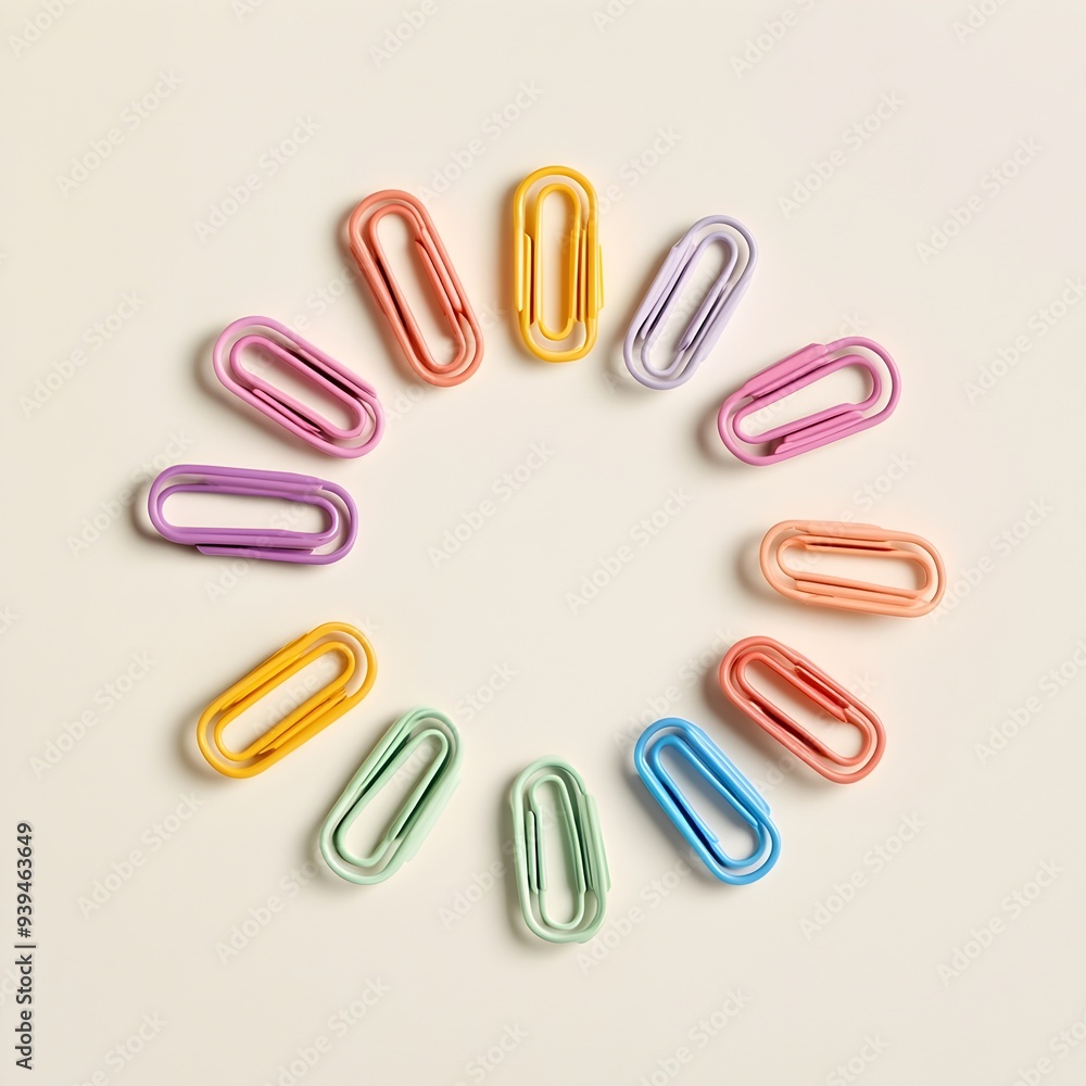 Poster overhead view of a vibrant arrangement of multicolored paper clips forming a circular pattern on a p