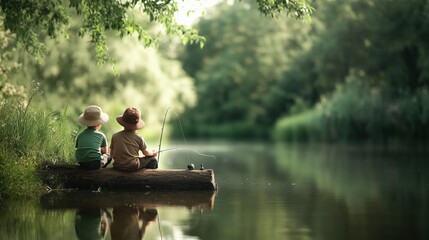 Two young boys with fishing rods stand in a forest pond, enjoying a summer weekend in nature. Perfect for capturing childhood moments and outdoor activities.