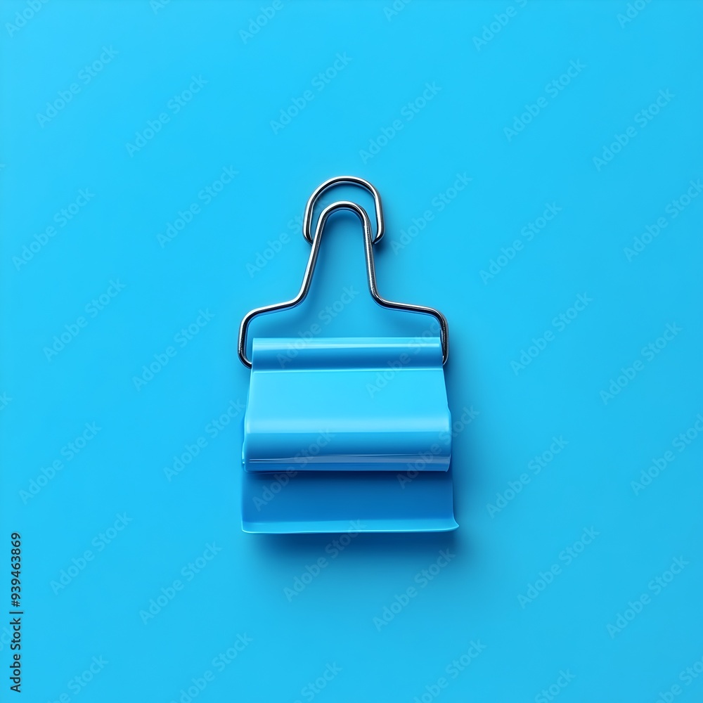 Poster a blue binder clip placed at the center of a plain simple surface in a minimalist abstract compositi