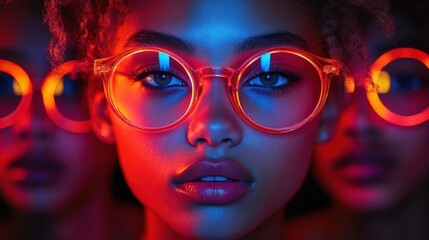 vibrant collage of diverse young faces awash in neon hues dynamic composition with overlapping...