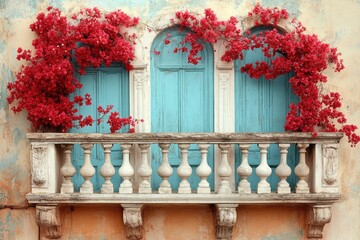 A Stone Balcony Adorned with Red Bougainvillea and Blue Windows