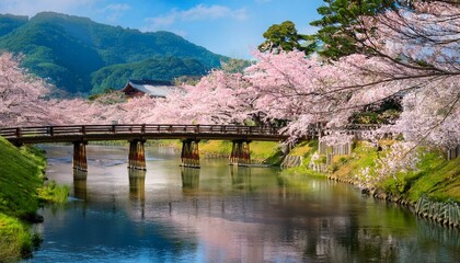 穏やかに流れる川のほとりに満開の桜