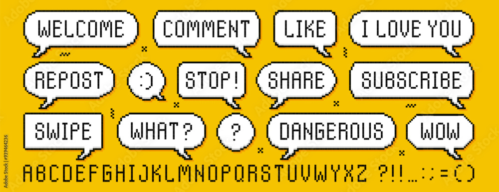 Poster pixel speech bubbles set. dialogue boxes with worlds isolated on yellow background. pixeled alphabet