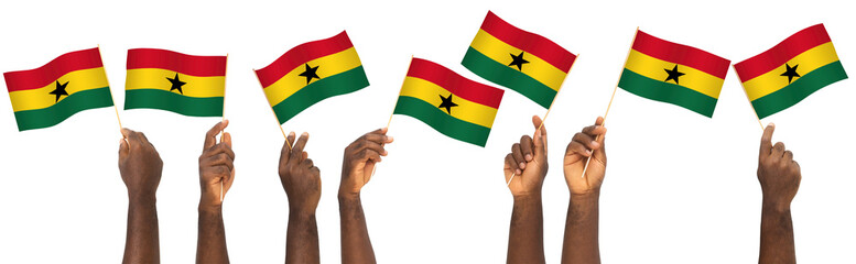 Set of Black hands holding Ghanaian flag, Hand lifting raising flag against transparent background
