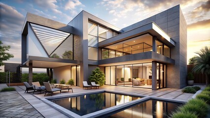 Fototapeta premium Geometric lines intersect, sharp angles converge, and a minimalist aesthetic unfolds in this modern oasis, punctuated by a neutral color palette and expansive open floor plan.