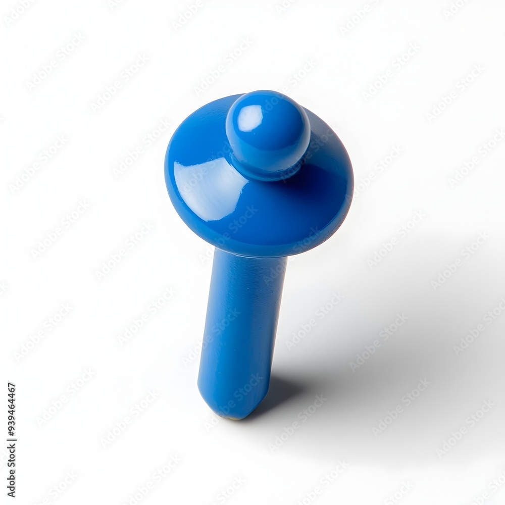 Poster closeup of a bright blue push pin or thumb tack placed at the center of a clean white background min