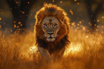 Fototapeta premium Majestic Lion Walking Through Golden Grassland at Sunrise with Dust Particles in the Air